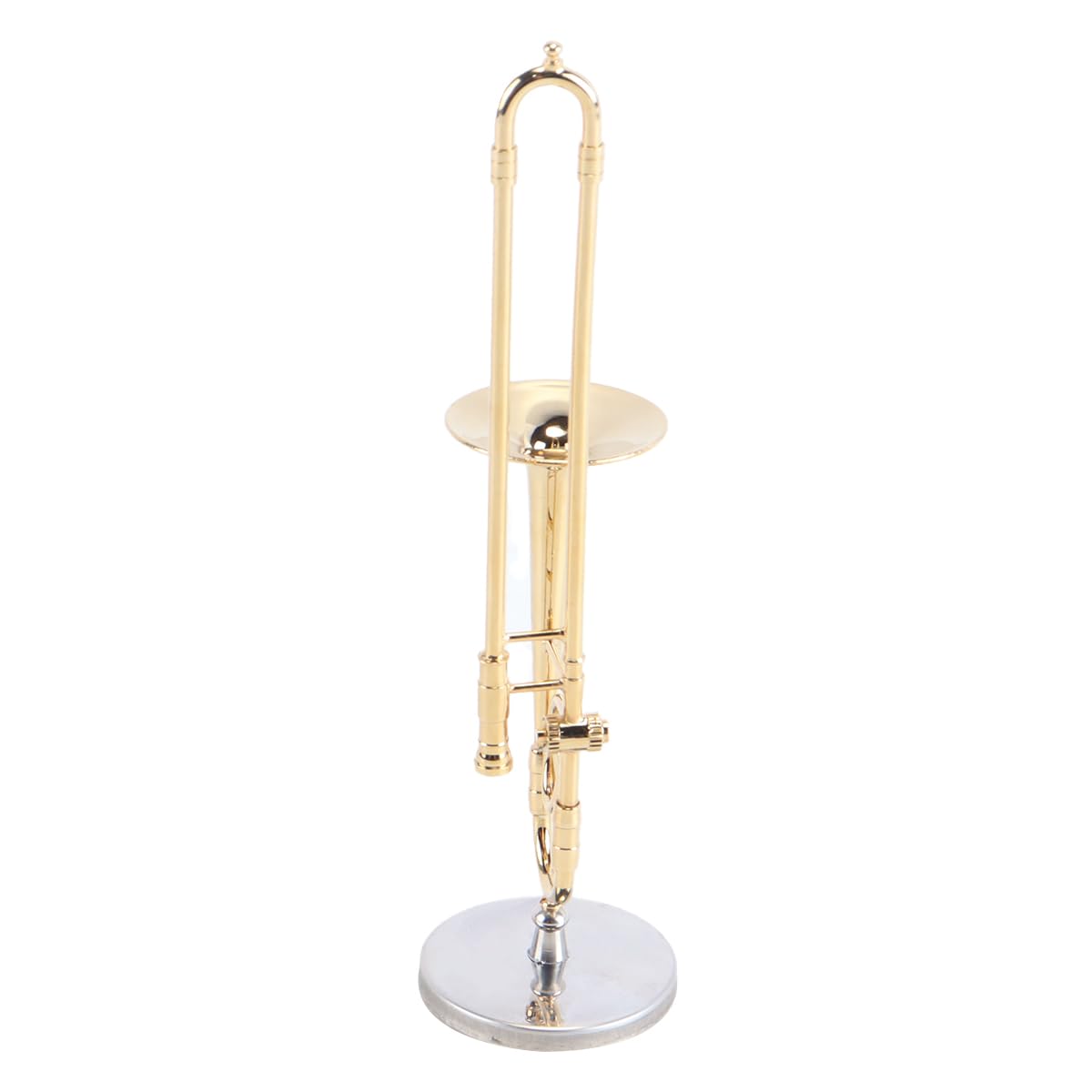 Réplica de trombón en miniatura con soporte y estuche, instrumento chapado en oro, réplica de trombón de saxofón en miniatura chapado en oro de 14 cm.