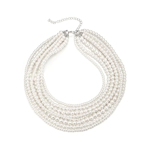 EVER FAITH Vintage Layered Faux Pearls Strand Necklace for Women, 1920s Cosply Themed Party Accessories Multi-Strand Simulated Pearl Bib Collar Statement Necklaces for Prom by EVER FAITH - Used condition - US$16.34