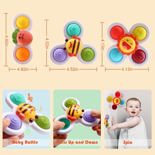 Umadiya® Baby Bath Toys Spinner Toy 3 PCS Pop it Fidget Toys Toddlers Boys Girls Waterproof Suction Cup Spinning Top Rotating Montessori Learning Toy Sticks to Smooth Surface Return Gift for Kids - image 4