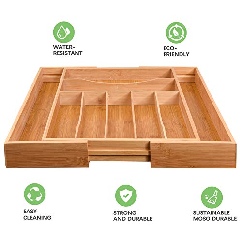 Vidor Kitchen Drawer Organizer - Expandable Silverware Organizer/Utensil Holder and Cutlery Tray with Grooved Drawer Dividers for Flatware and Kitchen Utensils (9 Slots, Natural)