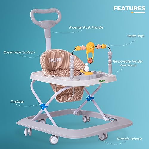 Image of Baybee Nexus Baby Walker for Kids with Parental Push Handle & 2 Height Adjustable, Multi-Function Folding Activity Walker for Baby with Musical Toy Bar | Walker Baby 6-18 Months Boys Girls (Grey)