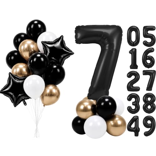 Image of PartyWoo Black Number 7 Balloon 40 Inch 25pcs Black Foil Star White Gold