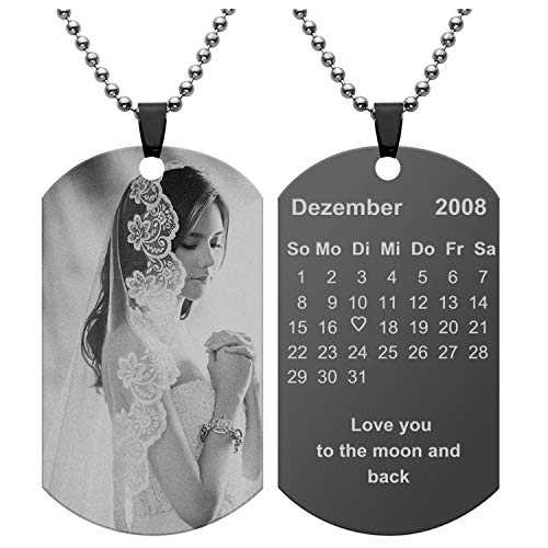JSDDE Schmuck Gravur Personalized Edelstahl Dog Tag Anhänger mit Fotogravur Textgravur Memorial Kalender Foto ID-Tag Halskette Geschenk Souvenir