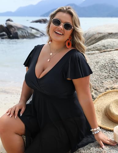 BMJL Women's Plus Size Swimsuit One Piece Tummy Control Bathing Suit Ruffle Sleeve Swim Dress4