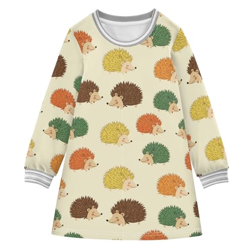 Girl Long Sleeve Dress Colorful Hedgehogs on Cream Girls Dresses A-Line Casual Tunic Playwear 2-8 Years