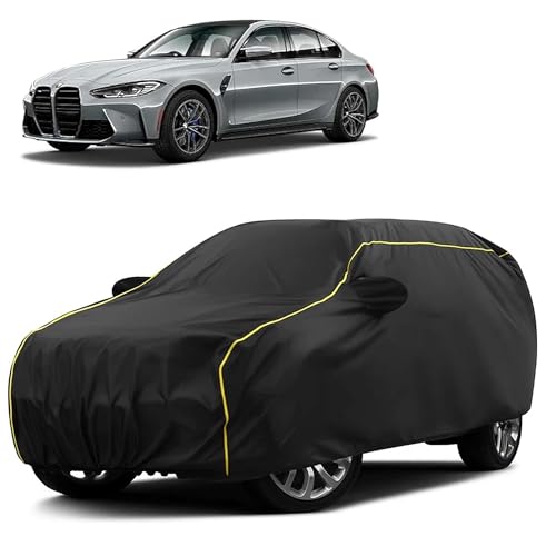 Image of Sulfar 100% Water Resistant Car Body Cover Compatible with Mirror for BMW M3 (Triple Stitched, Full Bottom Elastic, Black Taffeta with Yellow Piping)