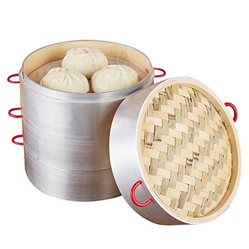 Bamboo Steamer Basket Aluminum Edge - 3 Tier Bamboo Individually Box Chinese Organic Wooden Steamer with Lid for Dumpling Dim Sum Cooking,18cm