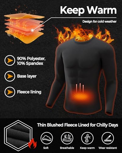 2 Pack Men's Thermal Shirts Fleece Lined Long Sleeve Tops Base Layer Compression Long Johns Undershirt Running Gear for Winter Cold Weather,Medium,2PCS-Black/Black