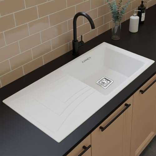 Image of EVANEX Quartz Sink for Kitchen|36x18x9 inch Kitchen Sink with Drain Board|Granite Sink for Kitchen Basin|White Quartz Kitchen Sink with Connector, Waste Pipe, Coupling and Drain Basket