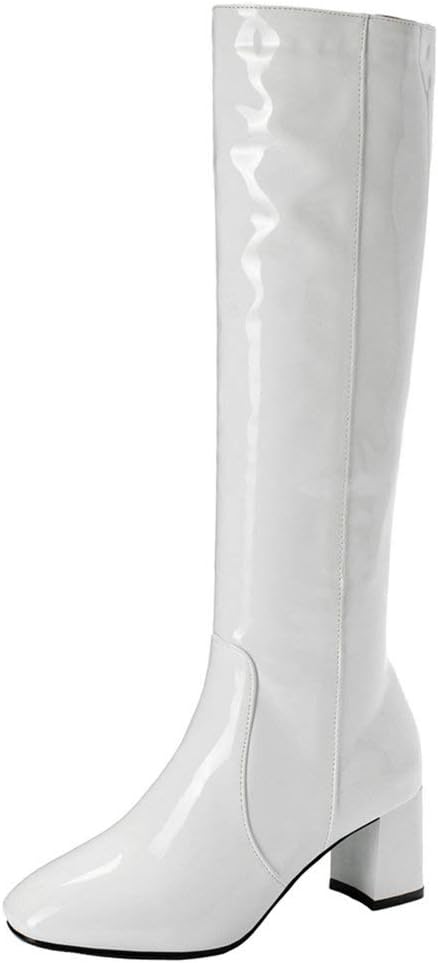 KOKOMOMO Womens Square Toe Patent Knee High Boots Chunky Heel Gogo Boots