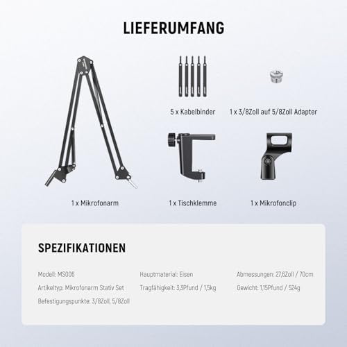 Bild 6 - NEEWER BASICS Mikrofonarmständer, Scherenarm Mikrofonarm Tischhalterung mit Clip 3/8" auf 5/8" Adapter Kompatibel mit Blue Yeti Snowball HyperX QuadCast SoloCast Shure, Max Load 3.3 lbs, MS006