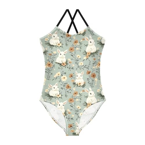 ALAZA Cute Bunny Rabbit Flower Blossom Girls Swimsuit Bathing Suit Beach Swimwear One Piece 3-10T