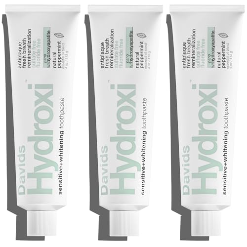 Davids Hydroxi Fluoride Free Nano Hydroxyapatite Toothpaste for Remineralizing Enamel & Sensitive Relief, Whitening, Antiplaque, SLS Free, Natural Peppermint, 4oz, Made in USA (3 Pack)