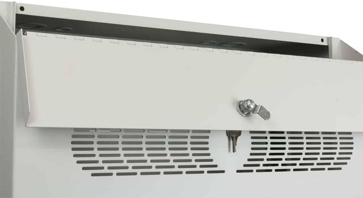 Close-up of the Lowell RCCD-4628 cabinet's deep door with key lock and ventilation slots