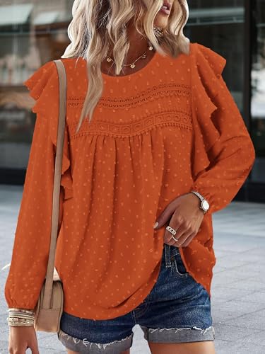 BETTE BOUTIK Womens Boho Fall Long Sleeve Shirts Crewneck Dressy Casual Blouses Trendy Flowy Tops