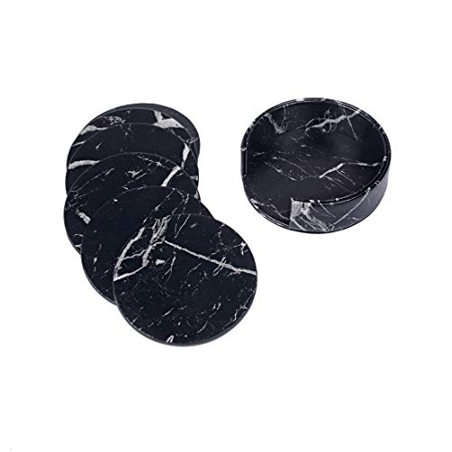 Coaster Round, White Marble Leather Tea Coaster Home, Coffee Shop, Bar, Hotel Non-Slip Drink Pad And Storage Box Combination Set Marble Pattern… (Black) #TOP1