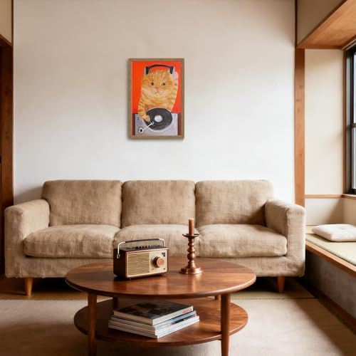 木子誉絵画館 アートパネル ポスター DJの猫（オレンジ） 動物画 絵画 インテリア おしゃれ ウォールアート 猫の絵 玄関 階段 廊下 寝室 リビング 壁飾り 木目調フレーム付きの完成品（40×30cm） [4]