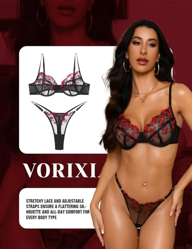 Image of Lingerie Sexy Bra and Panty Set for Women See Through Sheer Underwear Cute Exotic Floral Embroidery Babydoll Set