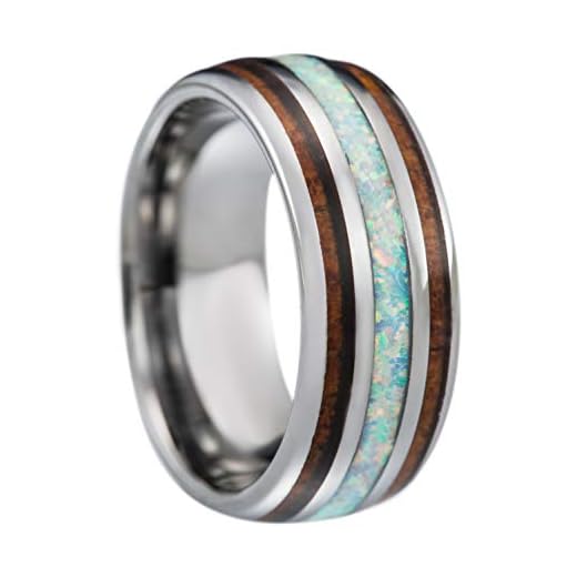 Aloha Jewelry Company 8mm Opal Tungsten Carbide Hawaiian Koa Tree Wood with Created Comfort Fit Ring Engagement Wedding Band Dome Style Weighted High Polished Finish with Gift box (White Opal, 7)
