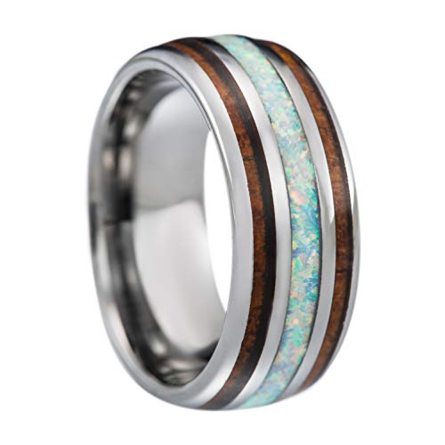 Tungsten Carbide Hawaiian Koa Wood with Synthetic White Opal Inlay 8mm Comfort Fit Ring / Wedding Band (9)
