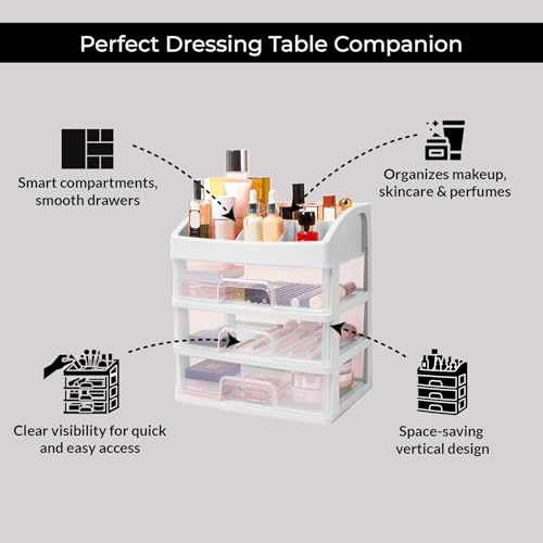 Image of ALOXE Makeup Organisers & Storage Box | Space Saving Makeup Organizer Stand for Dressing Table & Skincare Storage (3-Tier White)