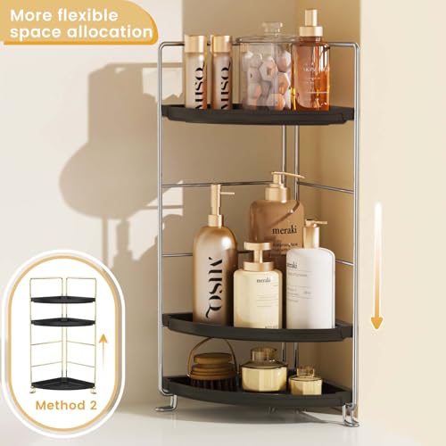 Image of 3-Tier Corner Bathroom Organizer Countertop for Storage,Counter Tray and Vanity Organizer,Plastic Counter Organizer for Kithchen, Bathroom, Dresser 10.6 inches (Chrome + Black)