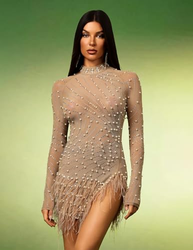 Beige Sexy Mock Neck Long Sleeve See Through Fringe Dress Cocktail Mini Rhinestone Bodycon Mesh Beaded Pearl Dress Women4