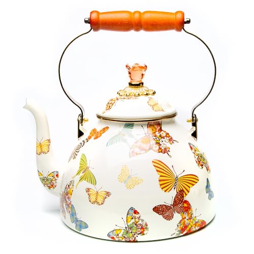 MACKENZIE-CHILDS Enamel Tea Kettle, Cute Kitchen Kettle for Stovetop, 2-Quart Capacity, Butterfly Garden