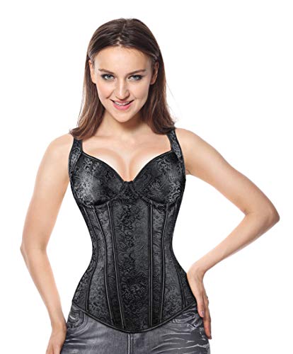 Kimring Women's Gothic Retro Jacquard Peasant Shoulder Straps Boby Shaper Tank Bustiers Overbust Corset With Lightly Cup Black X-Large #TOP1