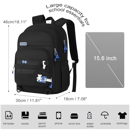 Black Backpack for Teens,School Backpack with Laptop Compartment,Laptop Backpack Fits 15.6Inch Notebook,Casual Bookbag for Men Women Boy Girl High School College Work Travel2