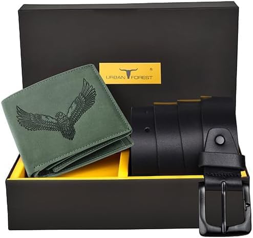 URBAN FOREST Zeke Vintage Leather Wallet & Casual Leather Belt Combo Gift Set, Vintage Green/Black, free size/adjustable, RFID