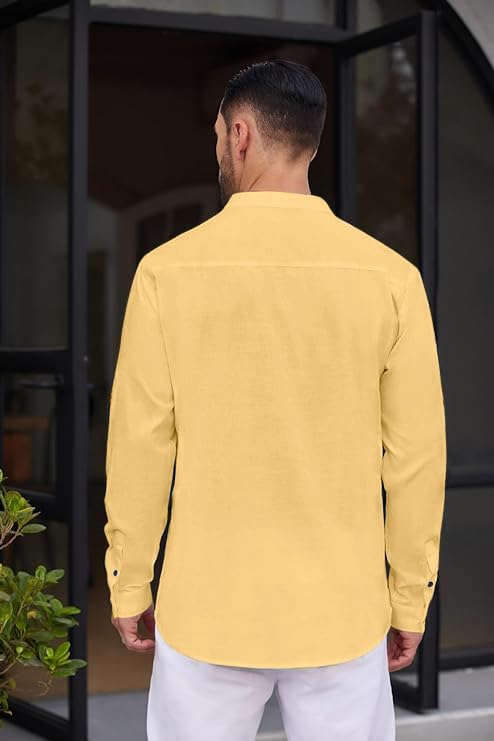 Royalscout Men's Solid Cotton Blend Straight Kurta Shirt | Regular Fit Full Sleeve Short Kurta Yellow