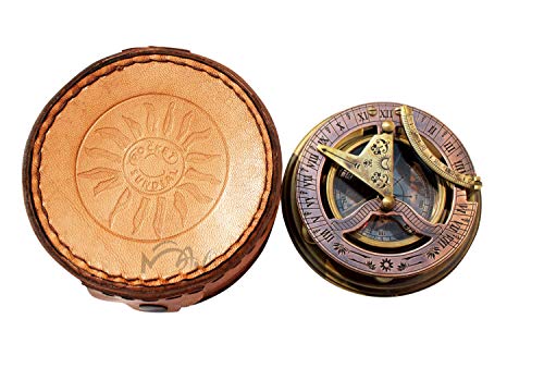 Mah - Solid Brass Sundial Compass With Box Vintage Gift, Sundial Clock, Sun Dial In Box Gift Sun Clock Ship Replica, Birthday Gift, Magnetic Sundial Clock With Leather Box. C-3052 #TOP3