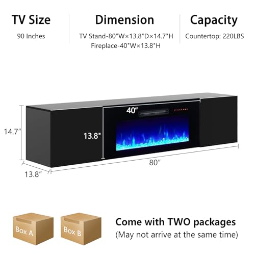 Image of AMERLIFE Floating Fireplace TV Stand, Wall Mounted Mirrored Entertainment Center with 40 inch Electric Fireplace, Modern LED Lights Media Console for TVs Up to 90 inch, Black