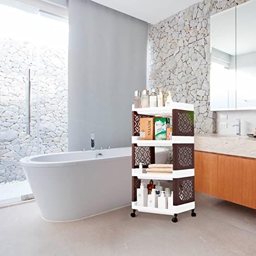 Bathroom Storage Trolley, 4 Tier Trolley Cart, Kitchen Storage Trolley, Plastic Storage Shelving Unit, Rolling Utility Carts Multi-Purpose for Bathroom, Bedroom, Kitchen, Living Room