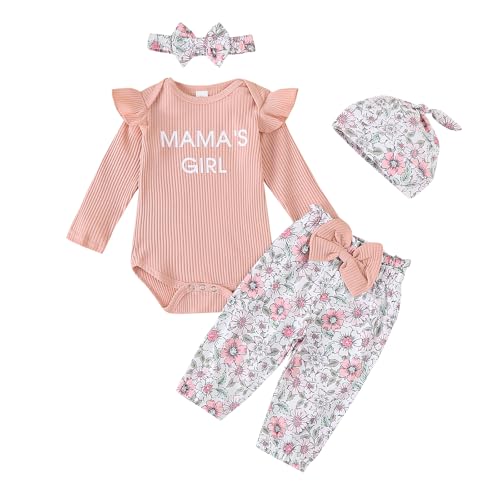 Karwuiio Newborn Infant Baby Girl Clothes Long Sleeve Ruffle Romper Top Pants Set Toddler Baby Girl Outfits Headband (Pink Flower, 3-6M)