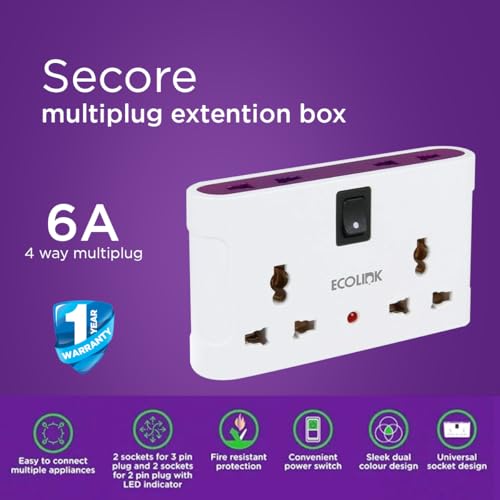 Image of EcoLink 4 Way Multiplug 6A | Compact Power Distribution | Surge-Safe Build | Universal Sockets | for Home and Office| Pack of 1