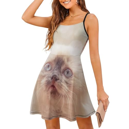 Robe d'été à bretelles spaghetti pour femme avec motif chat blanc mignon jupe courte de plage