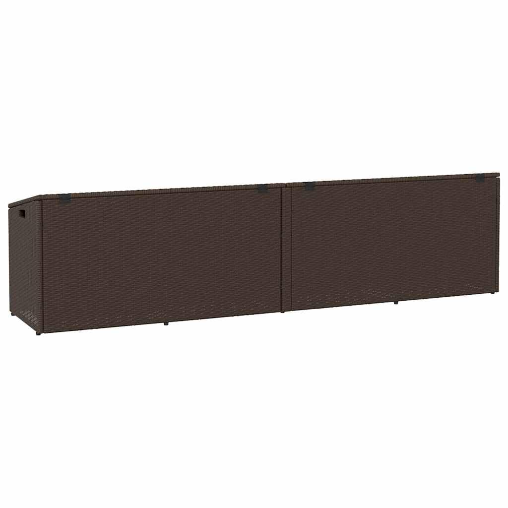 Skrzynka na poduszki ogrodowe, brązowa, 220 x 50 x 58 cm, polirattan, z odpornym na warunki atmosferyczne, pojemna na poduszki, zabawki, narzędzia ogrodowe, zamykana, odporna na