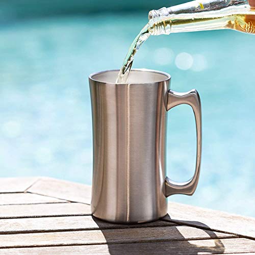 Stainless Steel Insulated Beer Mug: Real Deal Steel 20 Oz Beer Stein with Welded Handle and Clear Plastic Lid - Large Metal Tankard for IPA, Coffee, Tea - Double Walled Mugs for Hot or Cold Drinks (2)