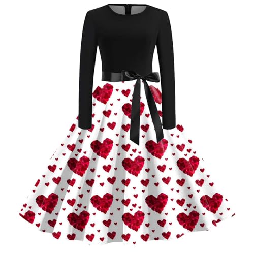 Kleid Damen Valentinstag Herz Muster Drucken Partykleid A Linien Kleider Mit Bow Bequeme Rundhalsausschnitt Ballkleid Langarm Knielang Abendkleid...