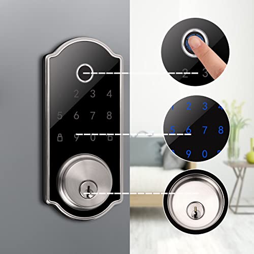 Probrico Keyless Entry Door Lock, Smart Touchscreen Keypad Fingerprint Electronic Deadbolt With Auto Locking, Front Door Locks For Home Office, Satin Nickel, 1 Pack #TOP4