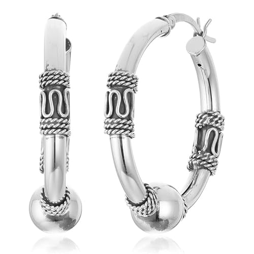 Amazon Essentials Women’s 925 Sterling Silver Balinese Beaded Hoop Earrings Hypoallergenic Lightweight Jewelry, Medium Size 29mm