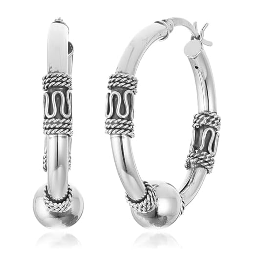 Amazon Collection 925 Sterling Silver 29mm Balinese Beaded Hoop Earrings for Women