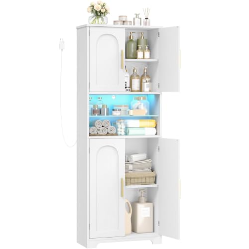Hzuaneri Meuble Salle de Bain, Haute Meuble de Rangement avec Éclairage, Armoire sur Pied avec 4 Porte, Étagères Réglables, Compartiment, pour Salon, Salle...