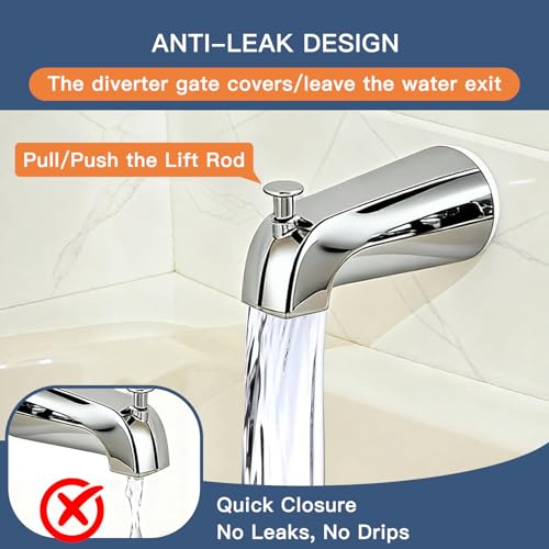 Metal Chrome Bathtub Spout with Diverter, All Metal,5.3 Inch Tub Spout, Fits 1/2\" Copper Slip-On and 1/2\" or 3/4\" IPS Threaded Pipes, Leak-Free, Slip Fit Tub Spout with Pull-Up Diverter