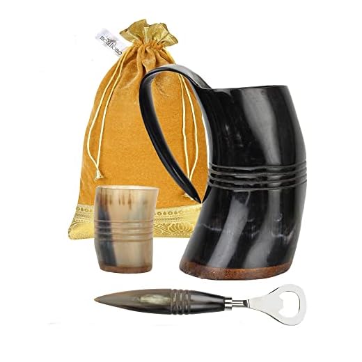 MENTHOME Game of Thrones Inspired Engraved Medieval Norse Style Polished Drinking Horn Mug - with Horn Shot Glass | Bottle Opener | Golden Gift Bag | Large Horn Spoon | 20 Oz. (GOT Engraved Mug)