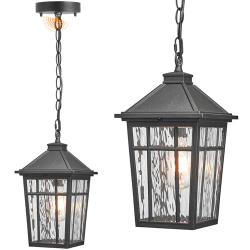 Image of Large Outdoor Pendant Lights for Porch 15.2 Inch Dusk to Dawn Black Hanging Porch Lights Outdoor Waterproof Exterior Hanging Light Fixture with Adjustable Chain E26 Socket