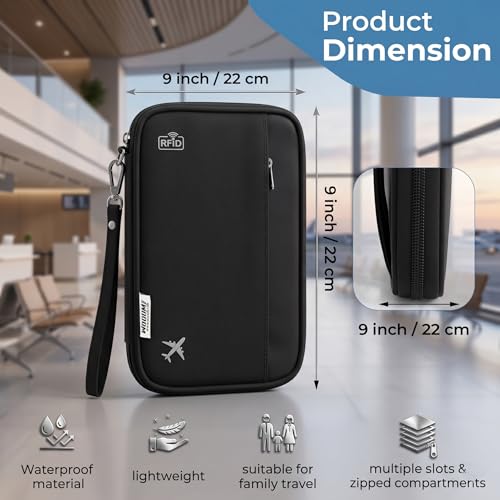 Image of Wooum Passport Case Pouch Bag Holder with Document, Card, Boarding Pass Organizer Holder Passport Organizer case with Handle & RFID (Black)