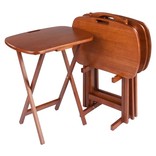 Image of Winsome Lucca Set of 4 Foldable Snack Tables with Storage Rack, Teak | Easy to Store Portable Fold Up Table Set for Kitchen, Living Room TV Dining, Crafts, Puzzles, Work From Home